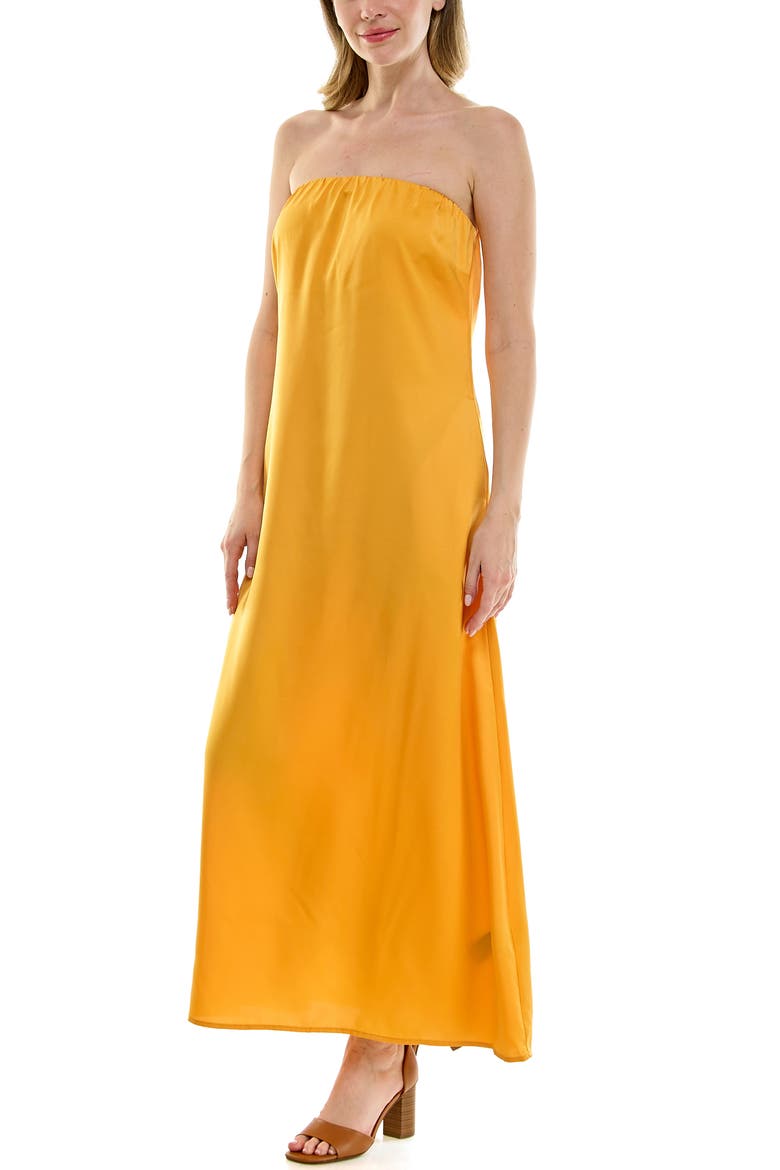 Satin Strapless Maxi Dress, Alternate, color, GOLD MUSTARD