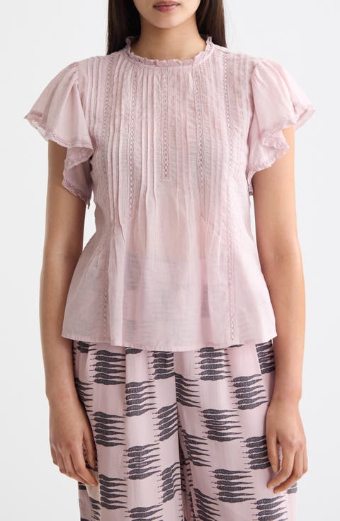 Pintuck Lace Flutter Sleeve Top
