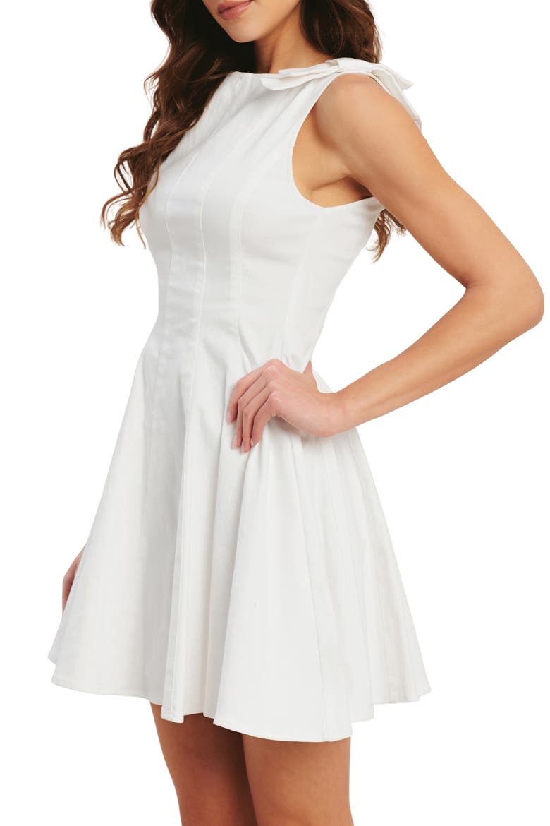 Bow Sleeveless Denim Fit & Flare Minidress, Alternate, color, WHITE DENIM