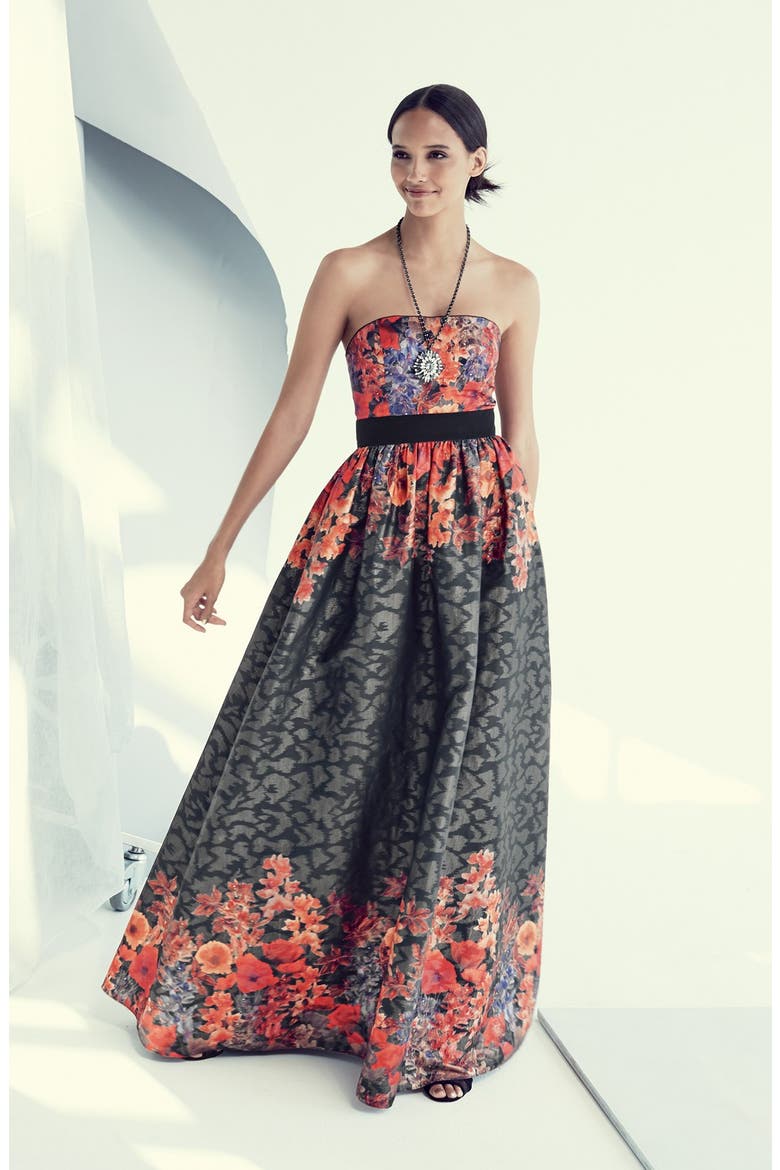 Floral Jacquard Strapless Ballgown, Alternate, color, BLACK MULTI