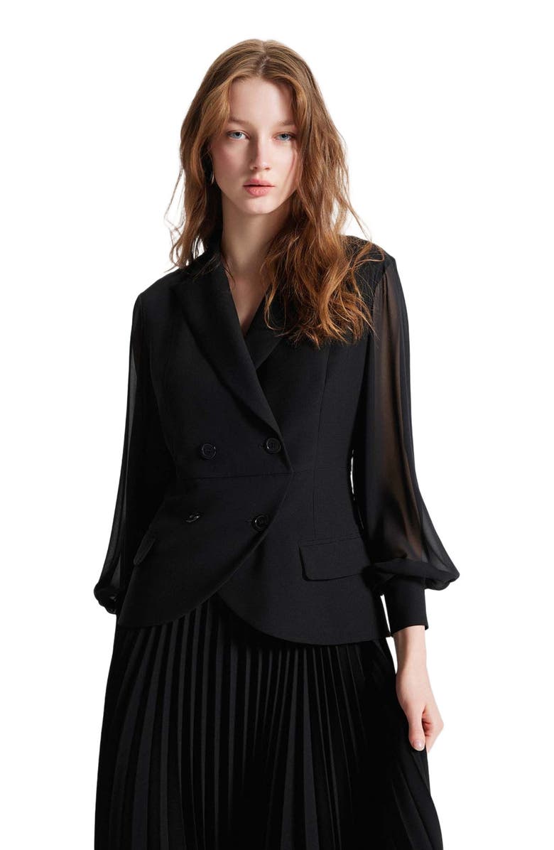 THEO The Label Atlas Crepe and Chiffon Pleated Dress, Alternate, color, Black