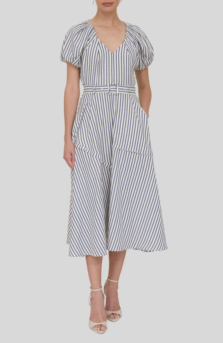 ZOE AND CLAIRE Stripe Puff Sleeve Flare Midi Dress, Main, color, Navy Stripe