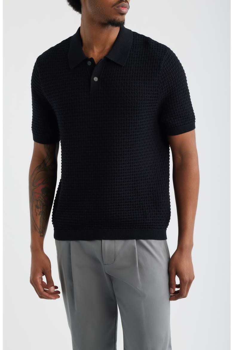 Texture Knit Polo Top, Main, color, BLACK
