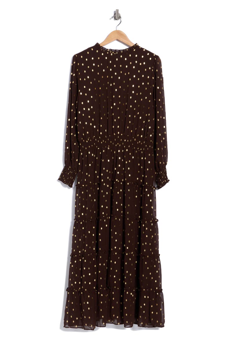 Tie Neck Long Sleeve Tiered Maxi Dress, Alternate, color, SADDLE BROWN