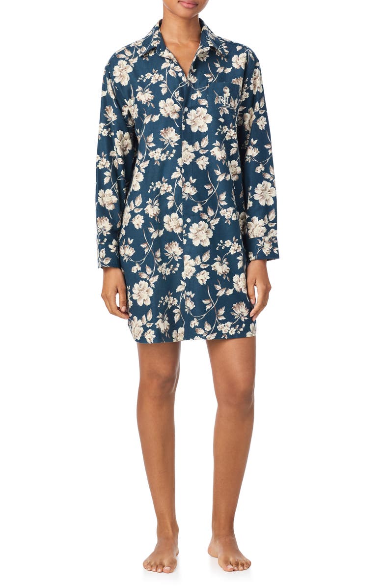 Lauren Ralph Lauren Print Cotton Blend Sleepshirt, Main, color, Blue Floral