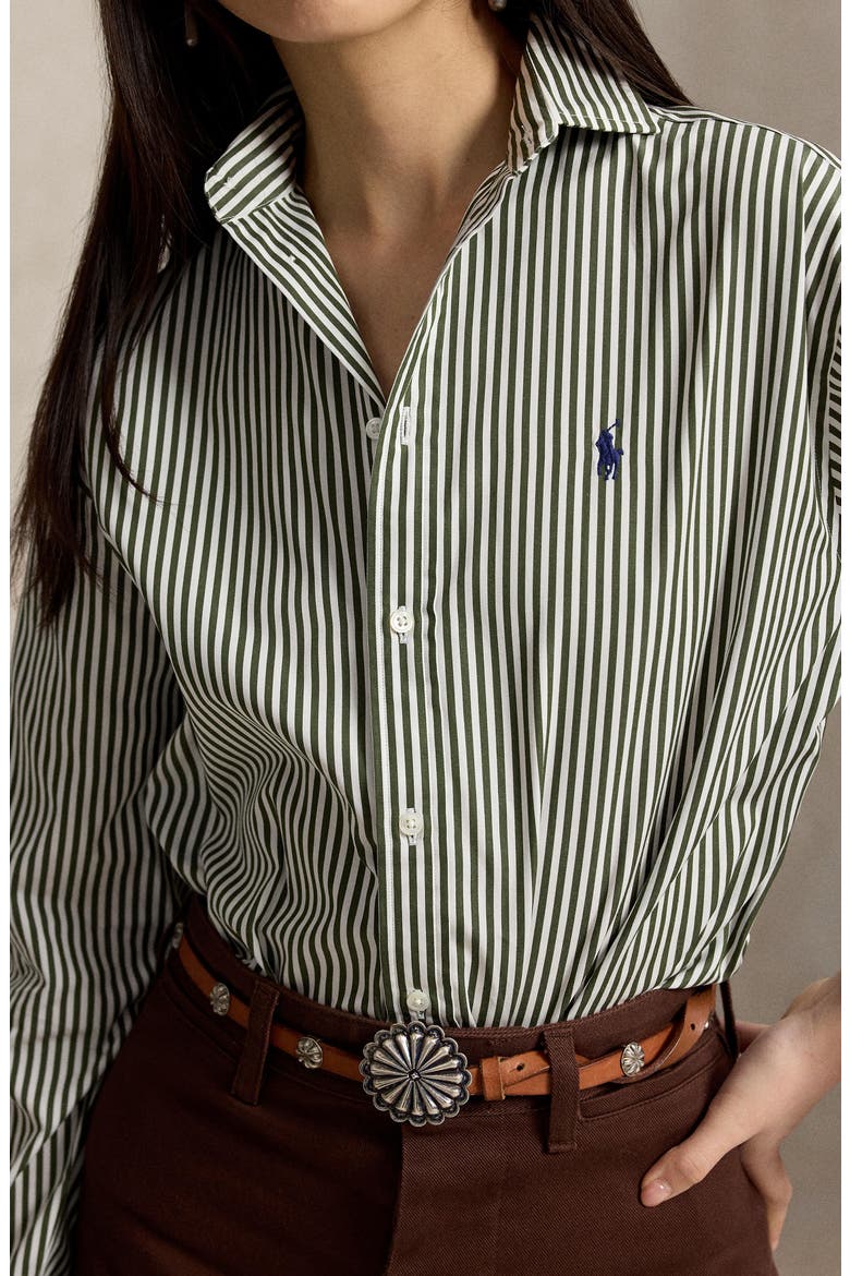 Stripe Relaxed Fit Cotton Button-Up Shirt, Alternate, color, DARK GREEN/ WHITE