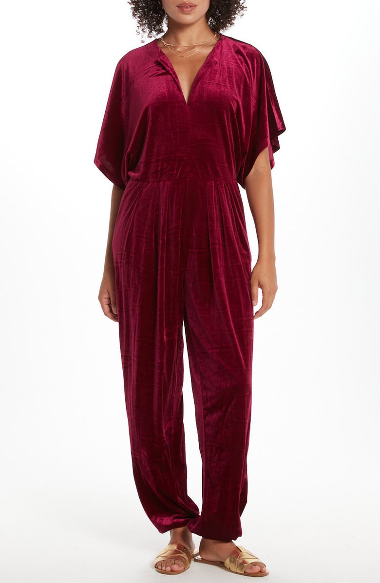 WISHLIST Dolman Sleeve Velour Jumpsuit, Main, color, Burgundy