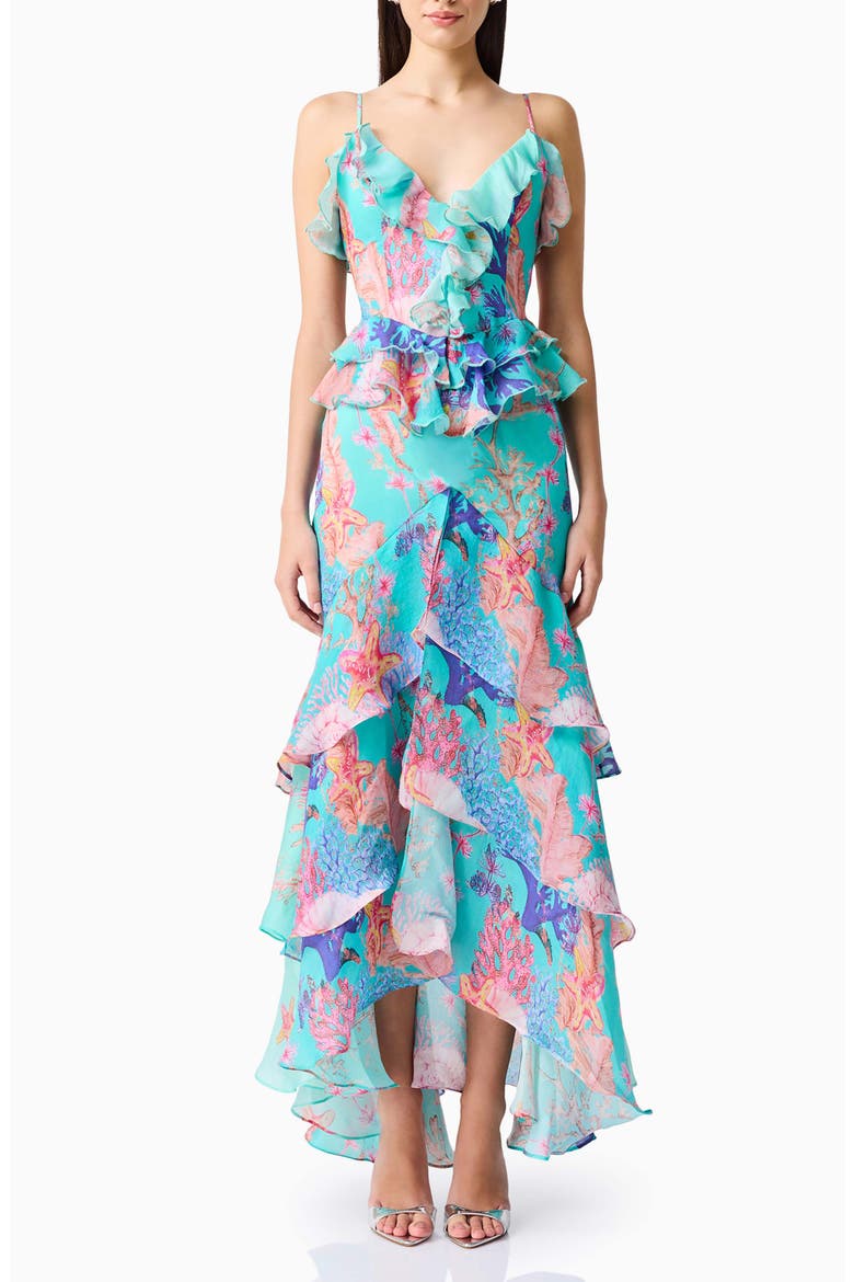 Coral Print Tiered High-Low Gown, Main, color, BLUE MULTI