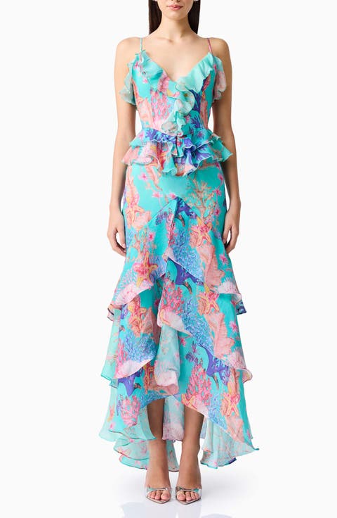 Coral Print Tiered High-Low Gown