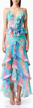 Elliatt Coral Print Tiered High-Low Gown