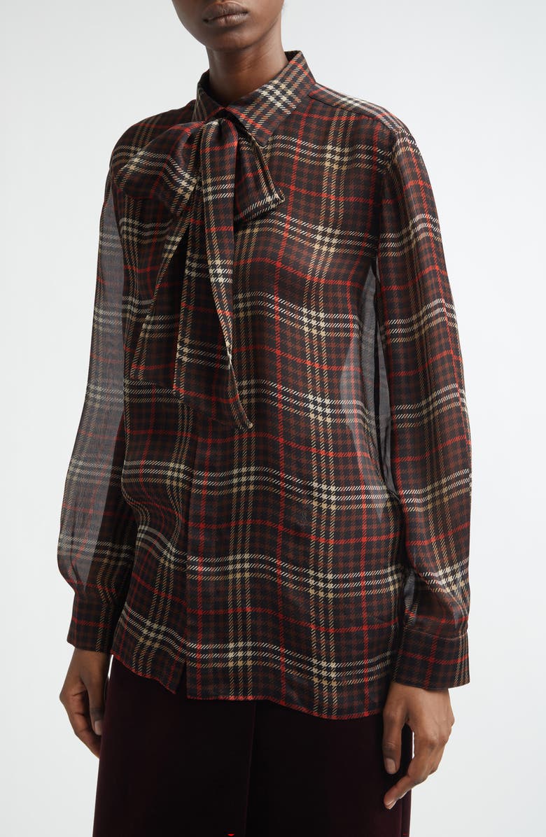 Saint Laurent Plaid Silk Crepe Tie Neck Button-Up Shirt, Alternate, color, Marron/ Craie/ Rouge