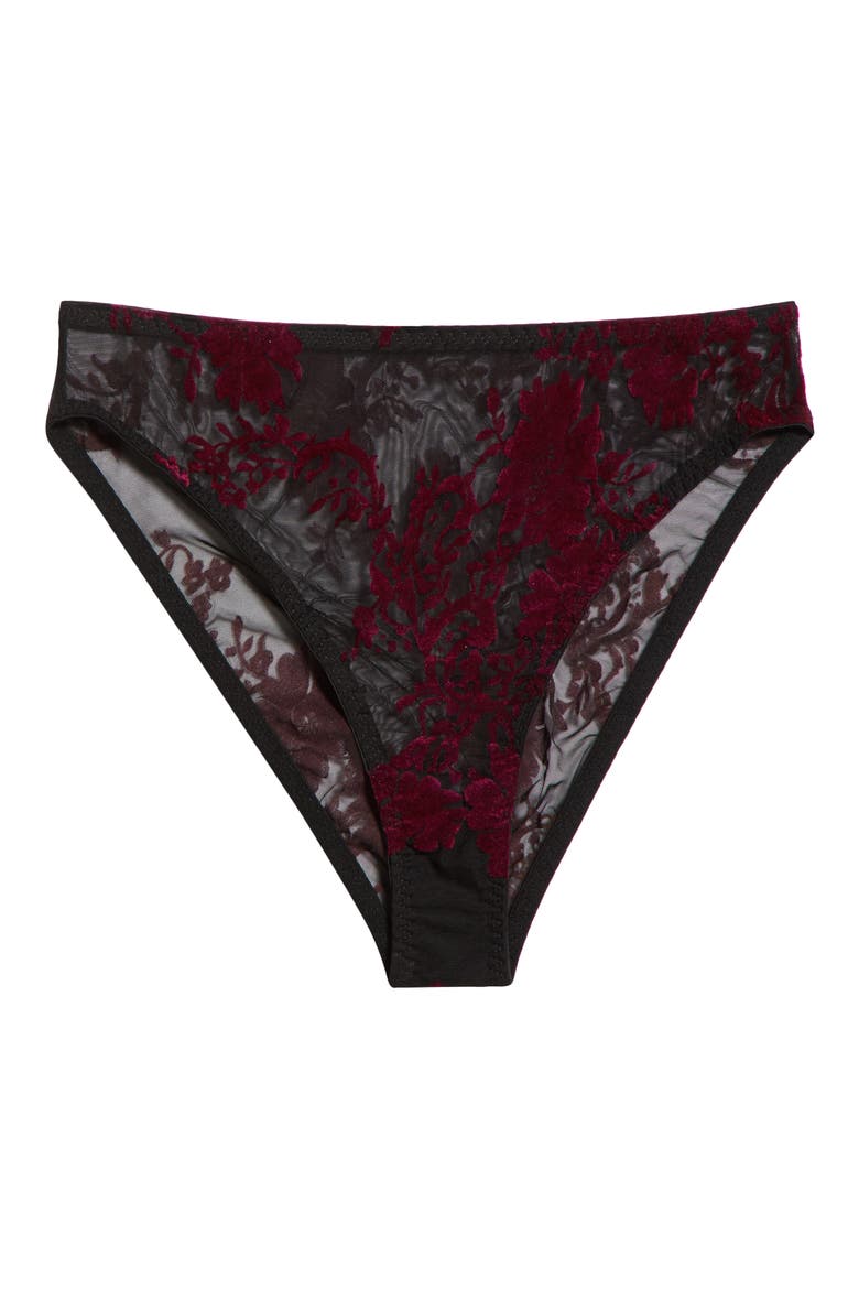 Floral Flocked High Waist Briefs, Alternate, color, BLACK-BOYSENBERRY
