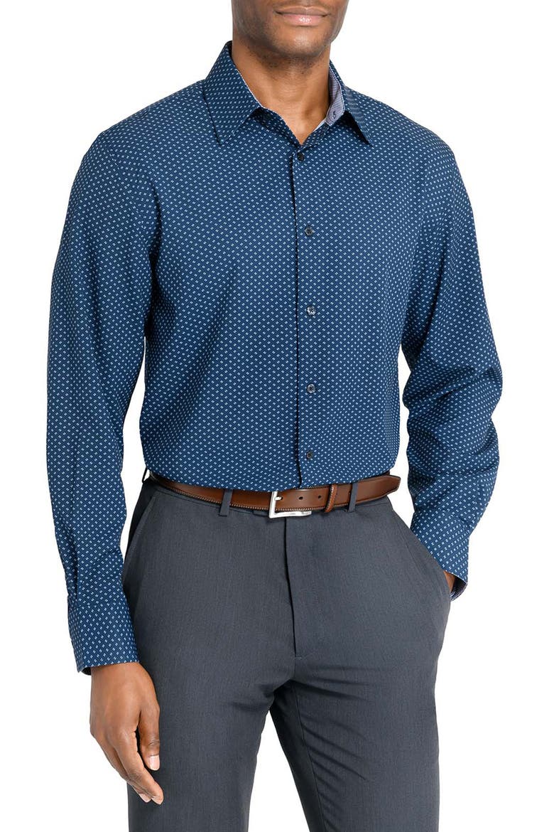 Regular Fit Dash Print Performance Dress Shirt, Main, color, NAVY
