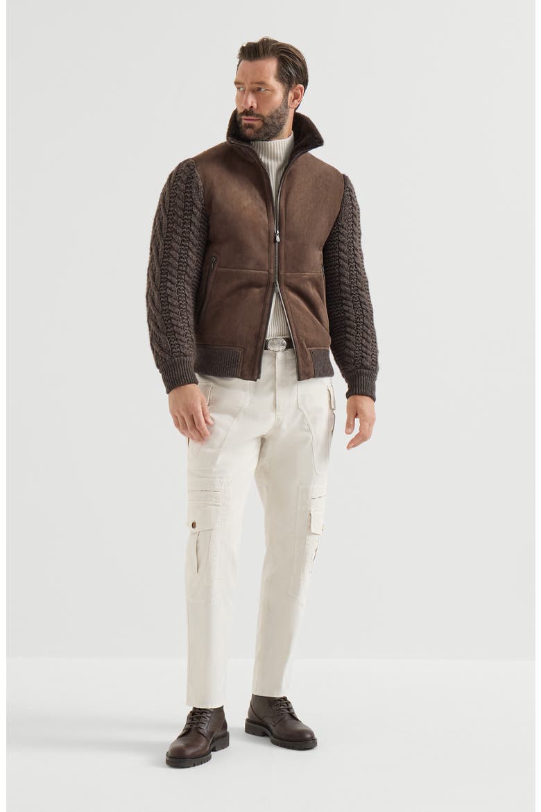 Suede shearling and cashmere knit bomber jacket with Thermore® padding, Alternate, color, Brown
