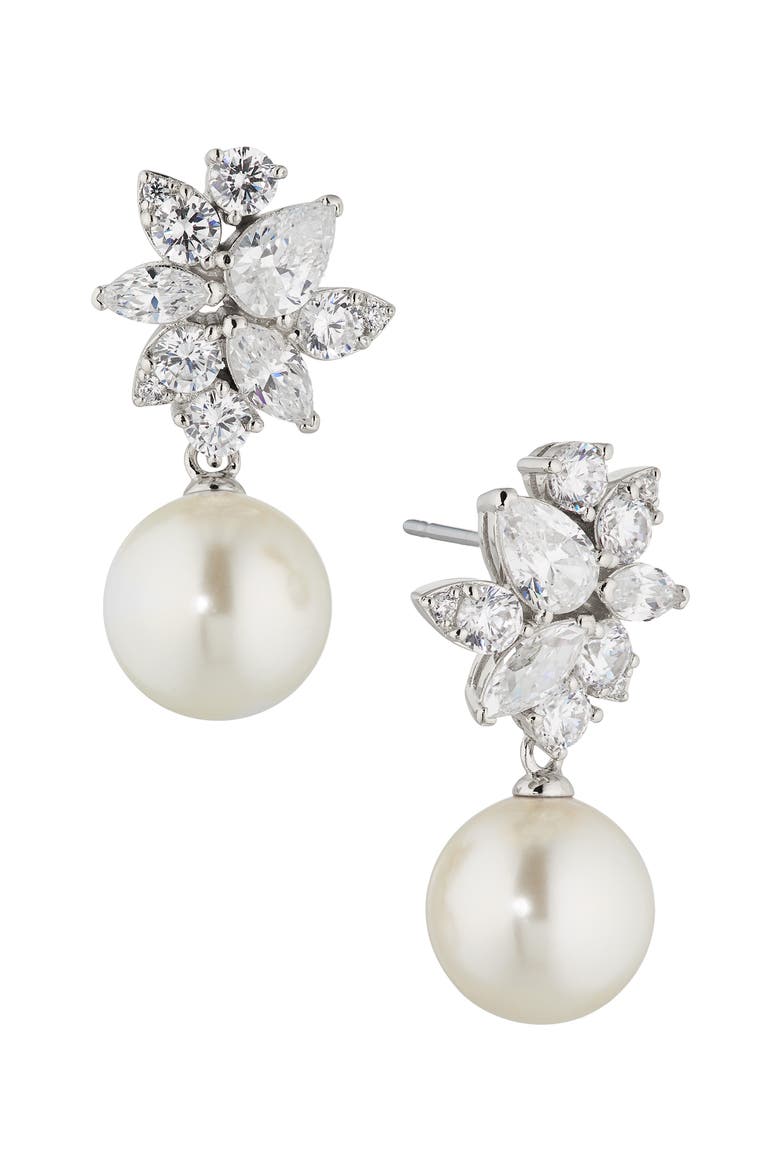 Chiara Imitation Pearl Drop Earrings, Main, color, RHODIUM