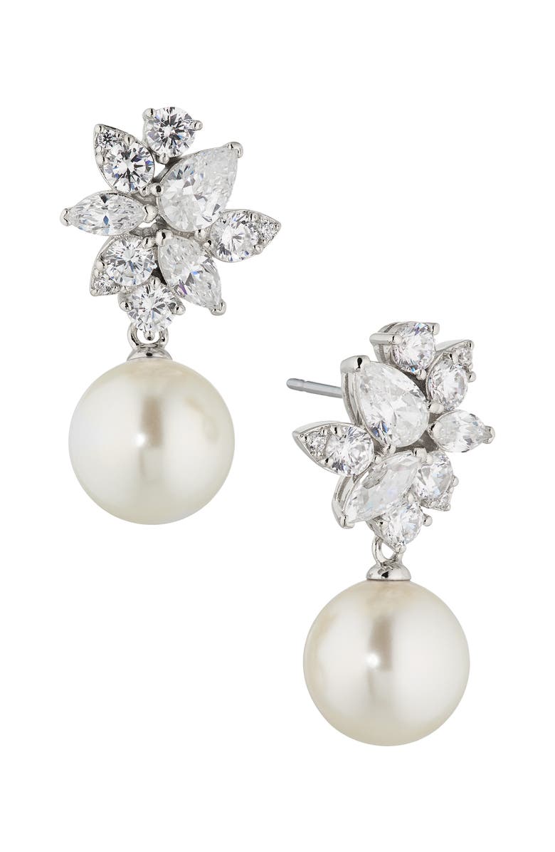 Nadri Chiara Cubic Zirconia & Imitation Pearl Drop Earrings, Main, color, Rhodium