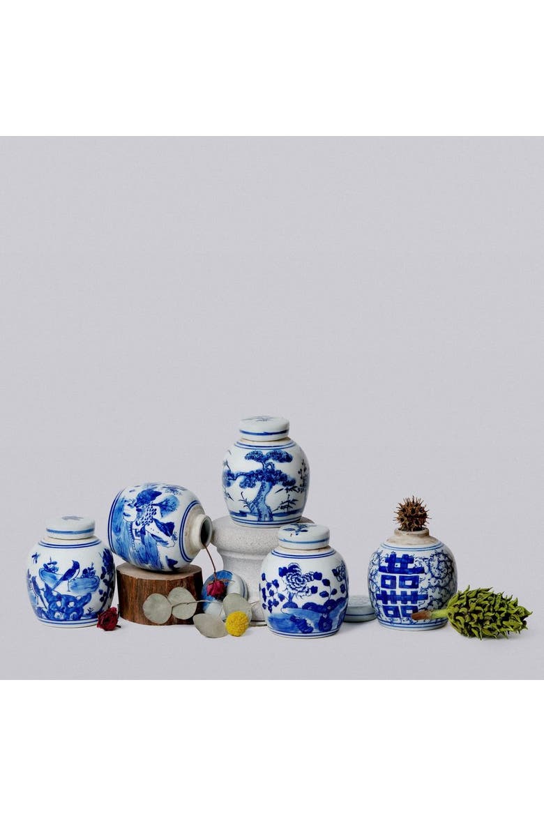 Porcelain Mini Bird and Flower Round Jar, Alternate, color, Blue and White