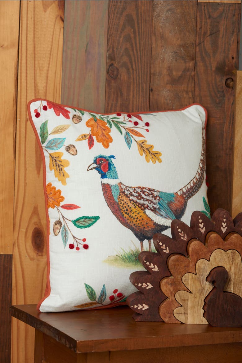 Harvest Pheasant w/ Foliage Printed Cotton Blend Accent Pillow 16" x 16", Alternate, color, White