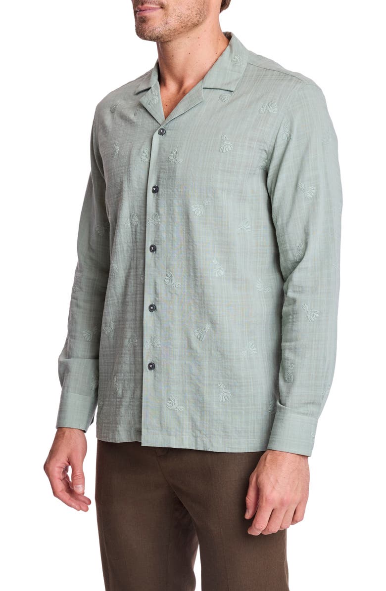PAISLEY & GRAY Parker Trim Fit Linen Blend Button-Up Shirt, Alternate, color, Green Embroidered Flowers