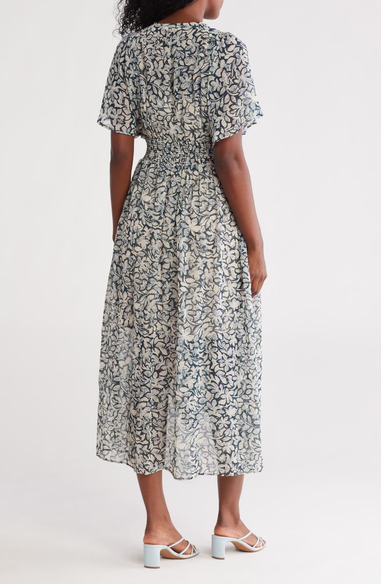 Lovestitch Floral Short Sleeve Smocked Waist Maxi Dress, Alternate, color, Teal/ Taupe