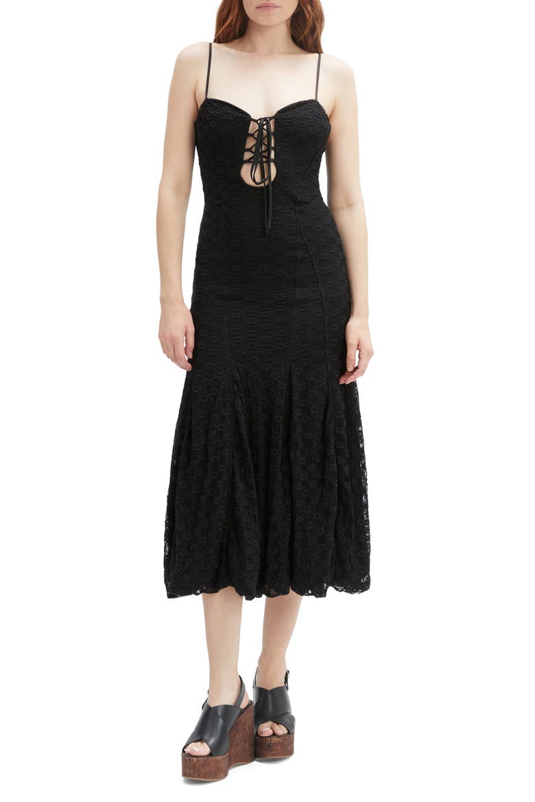 Delany Lace Sleeveless Bubble Hem Midi Dress, Main, color, BLACK