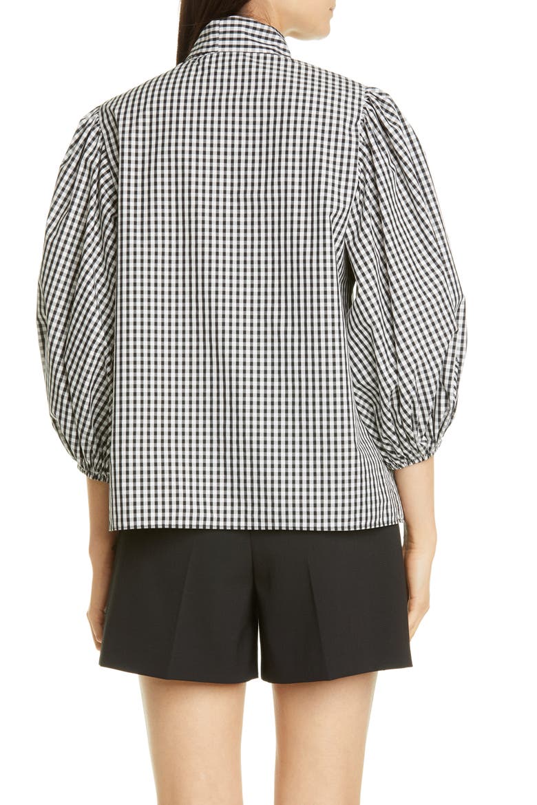 Tie Neck Puff Sleeve Gingham Blouse, Alternate, color, NERO