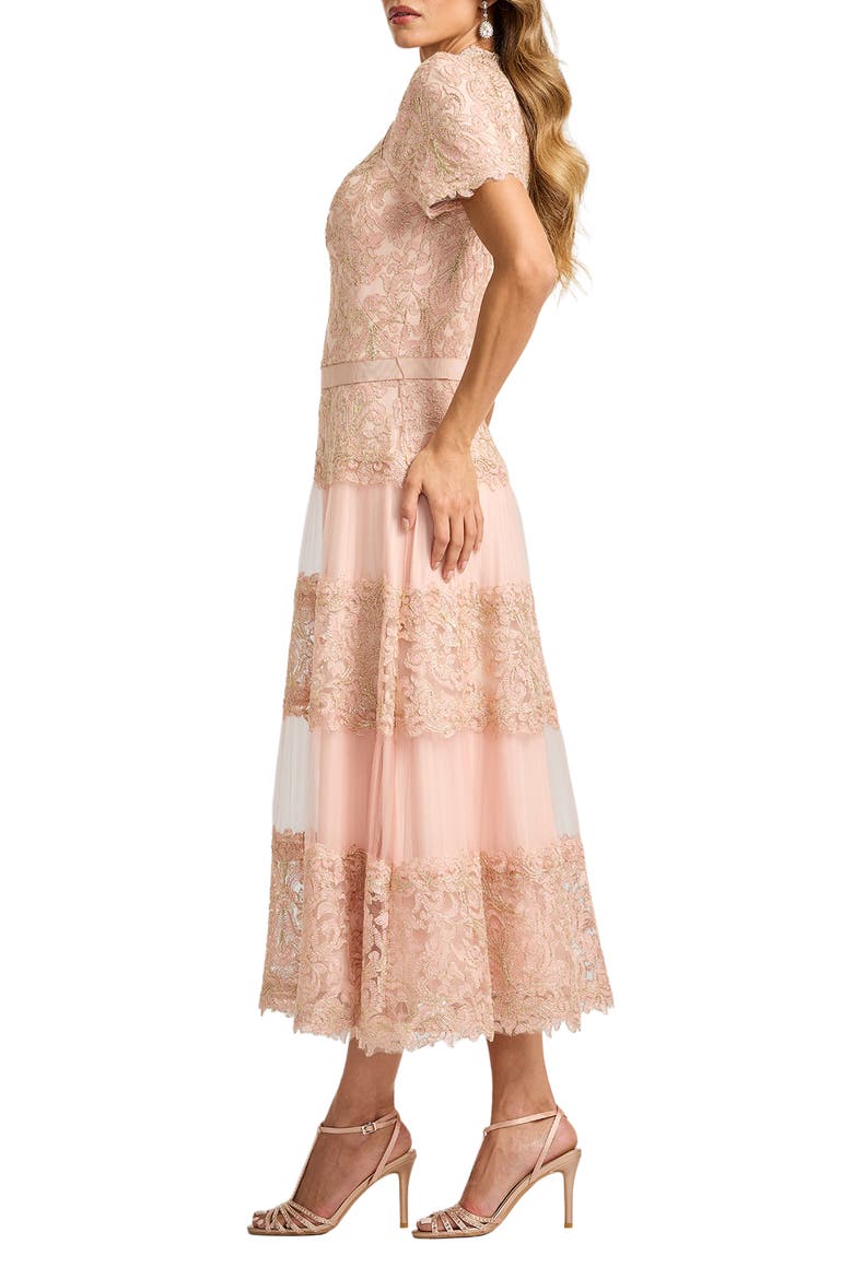 Lace & Mesh Midi Cocktail Dress, Alternate, color, PETAL/ GOLD