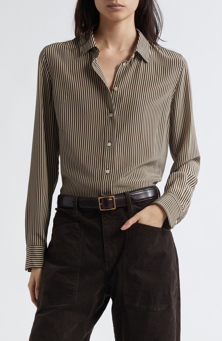 Nili Lotan Gaia Slim Fit Silk Shirt, Main, color, Chocolate Stripes