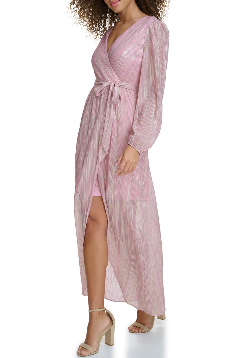 Long Sleeve Foiled Woven Faux Wrap Dress, Alternate, color, PINK/ GOLD