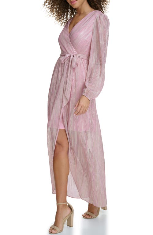 Siena Long Sleeve Foiled Woven Faux Wrap Dress In Pink/gold