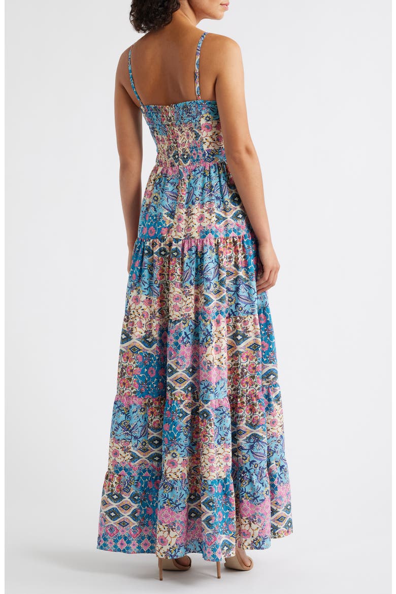 Mixed Print Bow Front Tiered Maxi Sundress, Alternate, color, BLUE MULTI