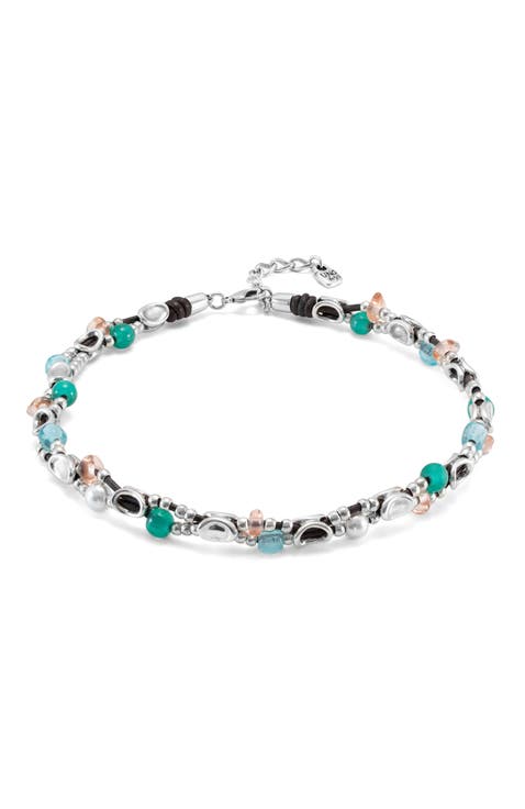 Short double leather strap necklace with sterling silver-plated links