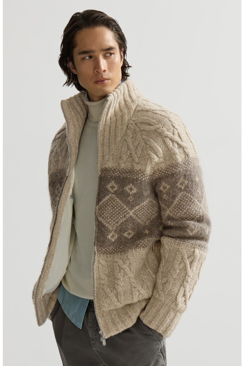 Virgin wool, silk and cashmere chiné cable knit down jacket with intarsia, Alternate, color, Sand