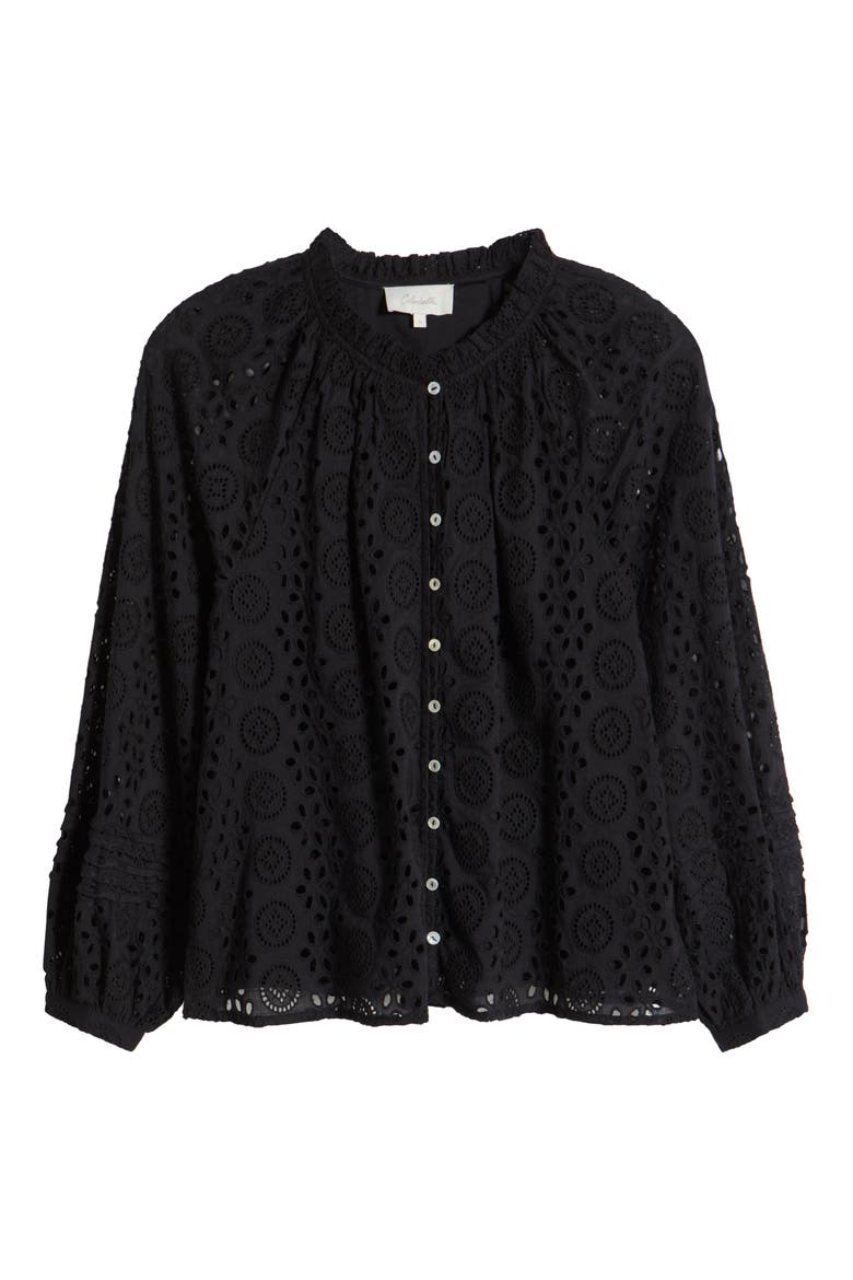 Alicia Embroidered Eyelet Organic Cotton Button-Up Shirt, Alternate, color, BLACK