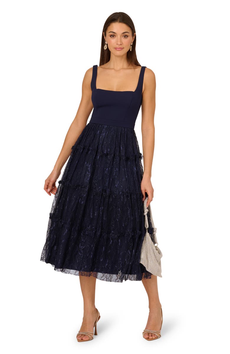 Adrianna Papell Sleeveless Crepe & Lace Midi Cocktail Dress, Alternate, color, 