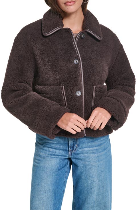 Faux Fur Jacket with Faux Leather Trim