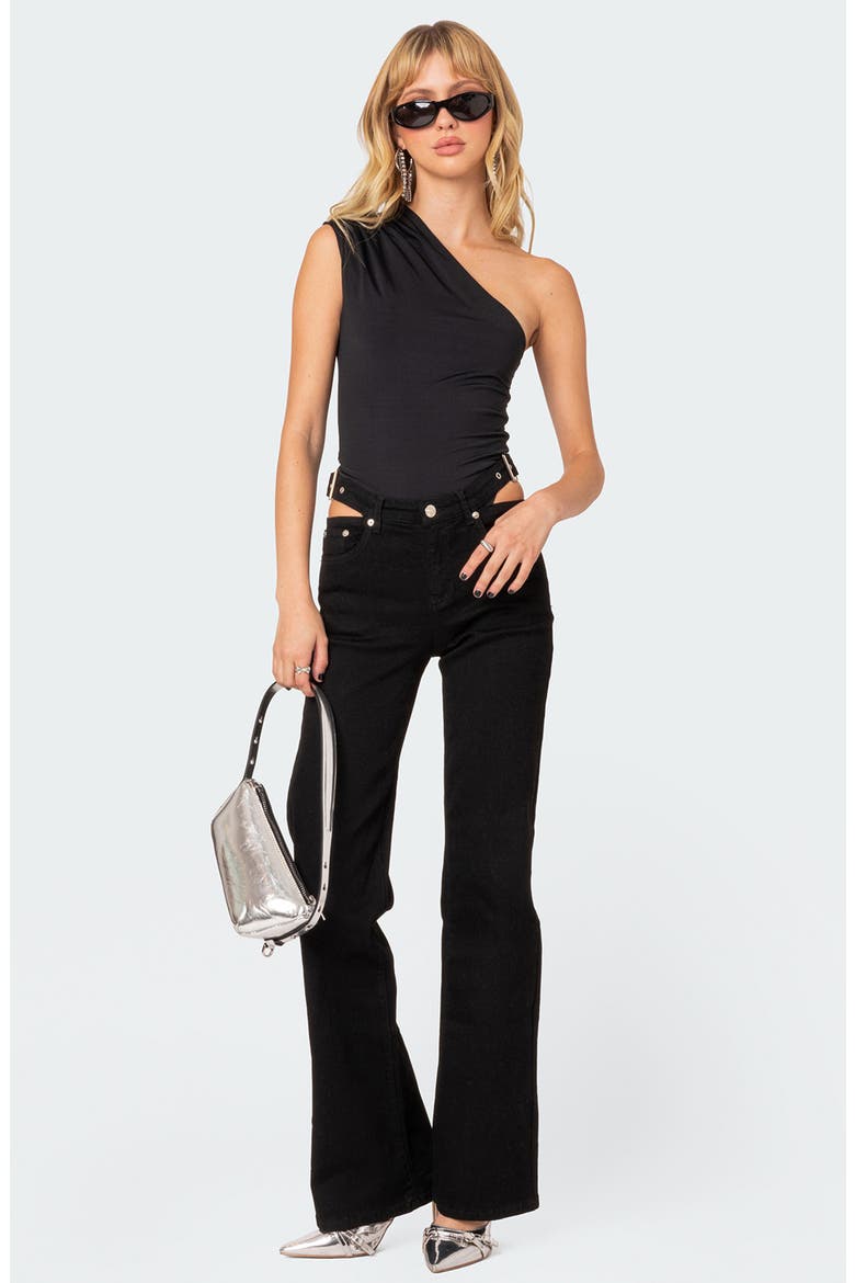 Tabby Gathered One-Shoulder Bodysuit, Alternate, color, BLACK