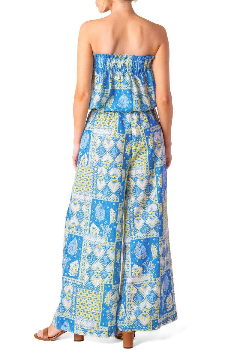 FLYING TOMATO Strapless Bubble Top & Wide Leg Pant Set, Alternate, color, Blue/ Lime