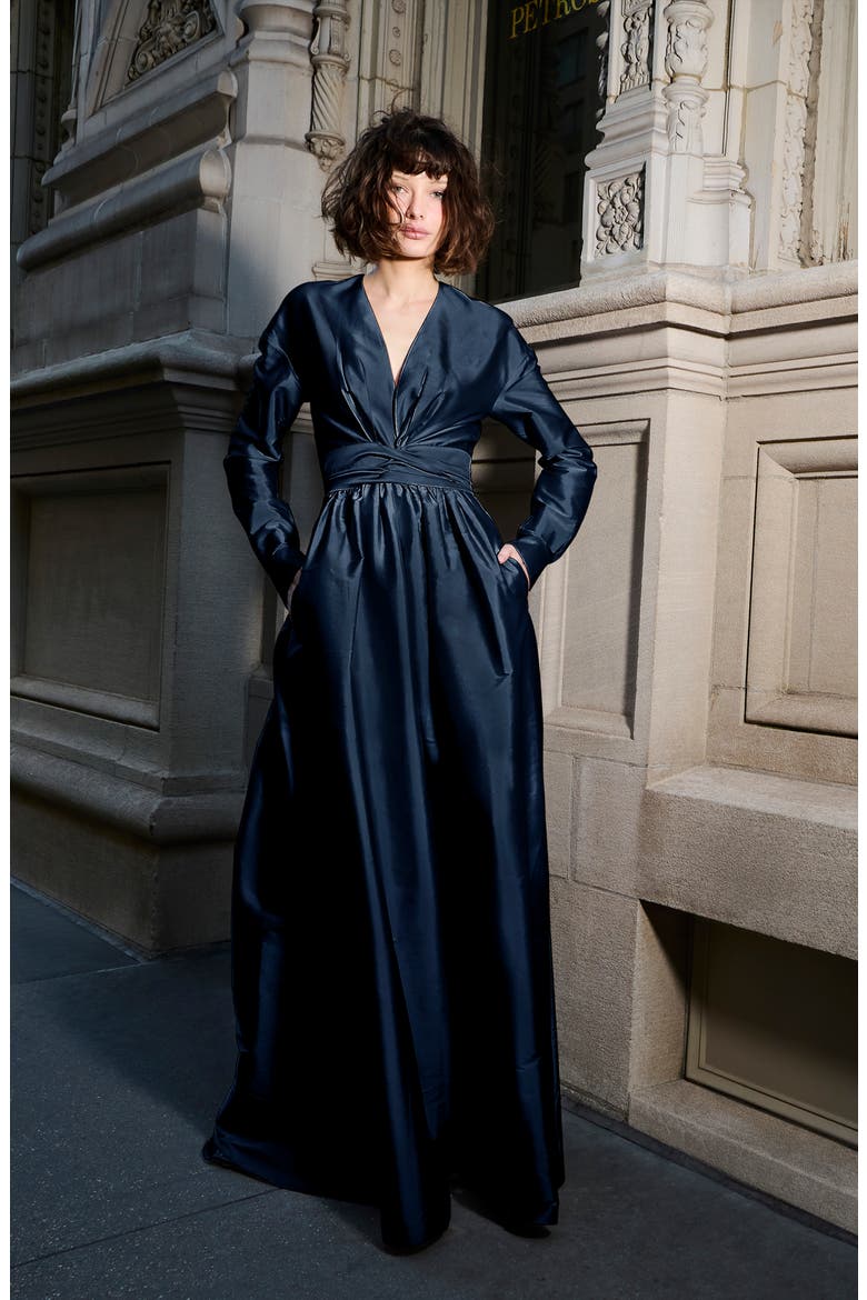 Surplice Long Sleeve Taffeta Gown, Alternate, color, NAVY