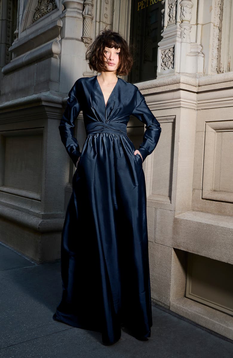 EMILY SHALANT Surplice Long Sleeve Taffeta Gown, Alternate, color, Navy