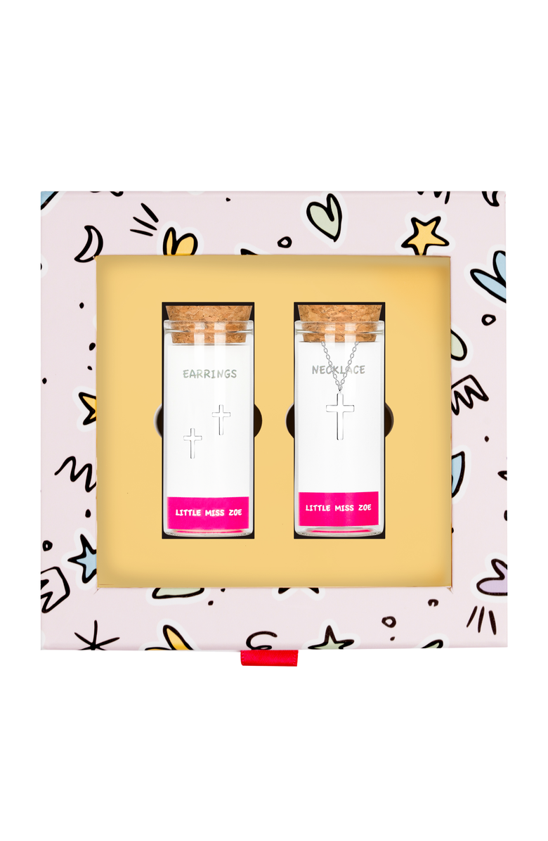 Little Miss Zoe Kids' Cross Necklace and Earrings Gift Set, Main, color, Silver