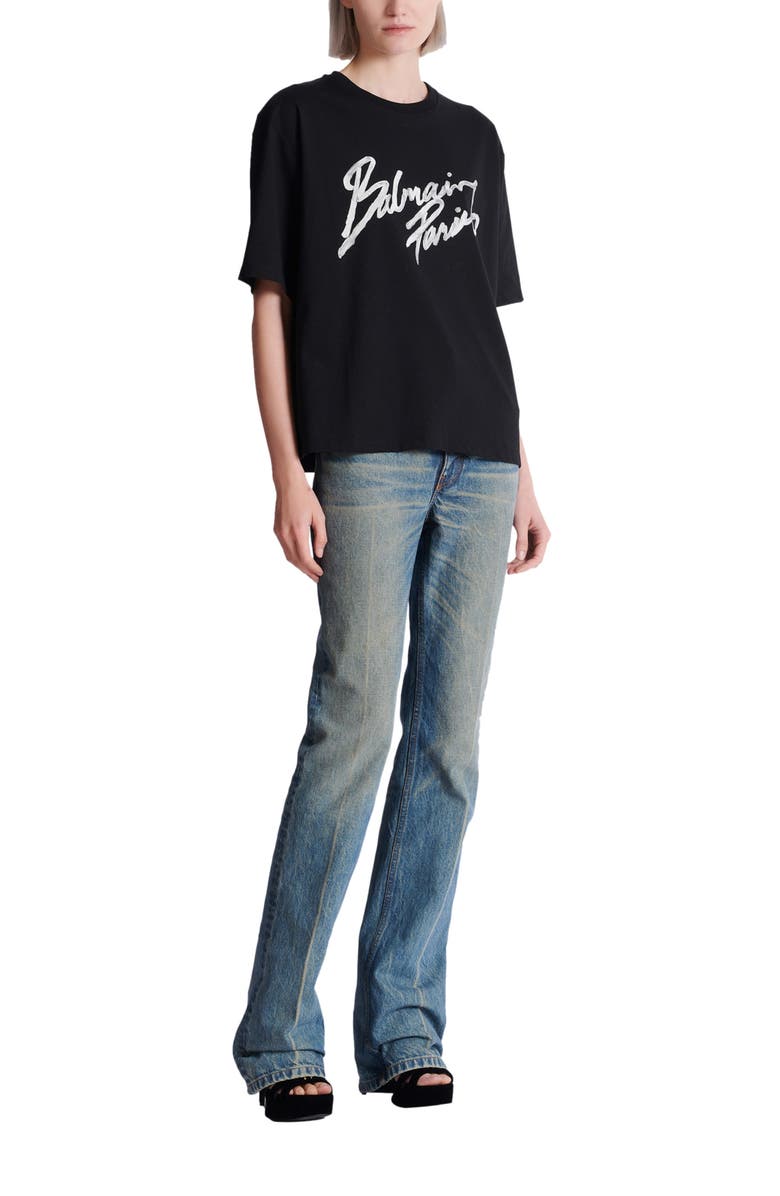 Balmain Boxy T-shirt with Balmain Paris Brush print, Main, color, Black