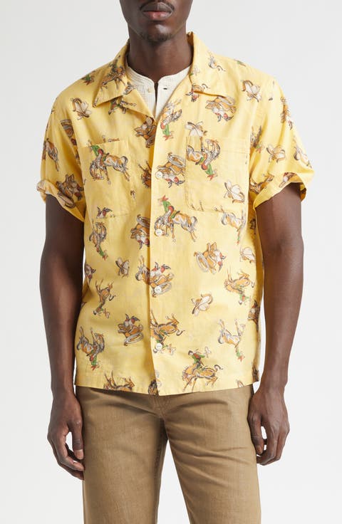 Western Print Linen & Cotton Blend Camp Shirt