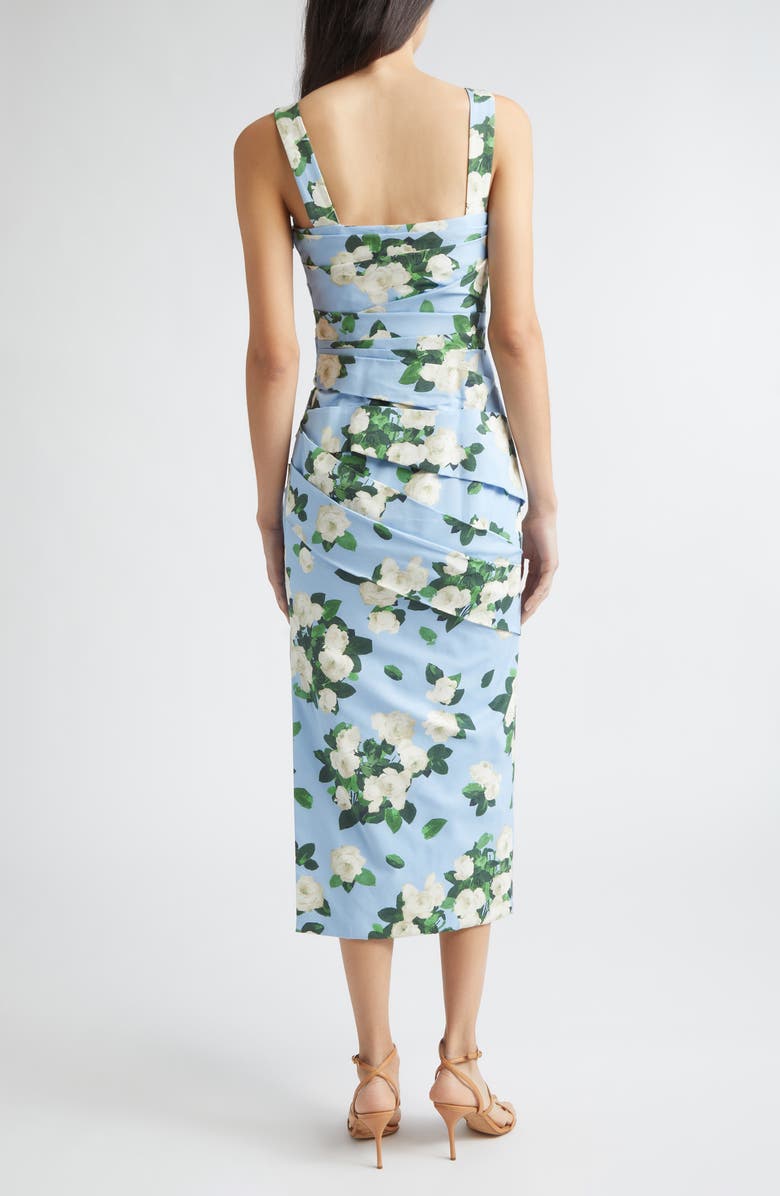 Carolina Herrera Rose Print Pleated Faille Midi Dress, Alternate, color, Cloudy Blue Multi