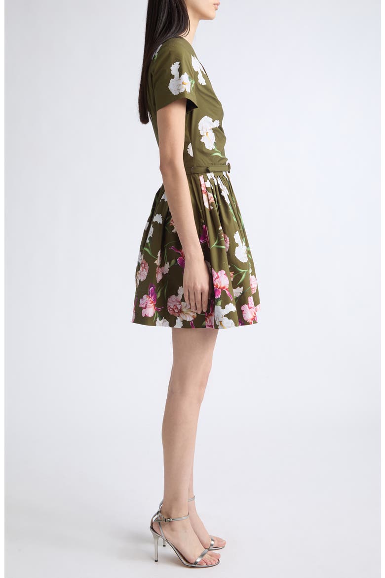 Belted Painted Iris Short Sleeve Fit and Flare Dress, Alternate, color, DARK MOSS MULTI