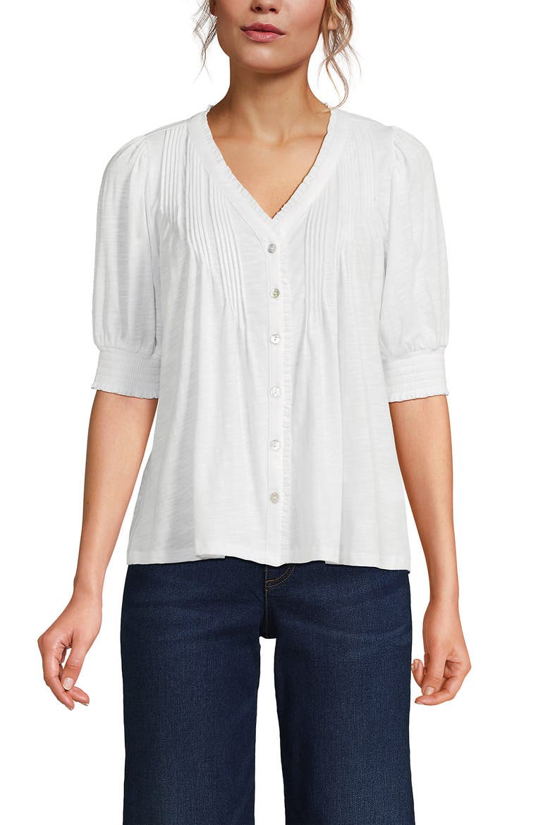 Button Pintuck Puff Sleeve Top, Main, color, White
