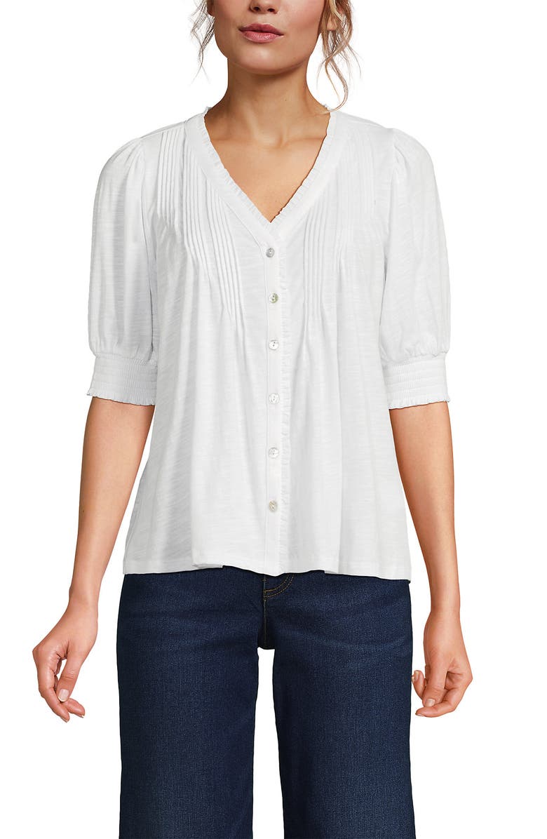 Lands' End Button Pintuck Puff Sleeve Top, Main, color, White