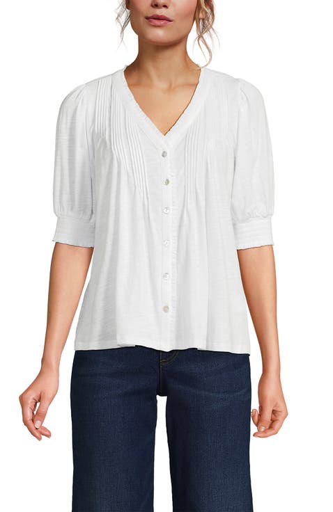 Button Pintuck Puff Sleeve Top