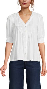 Lands' End Button Pintuck Puff Sleeve Top