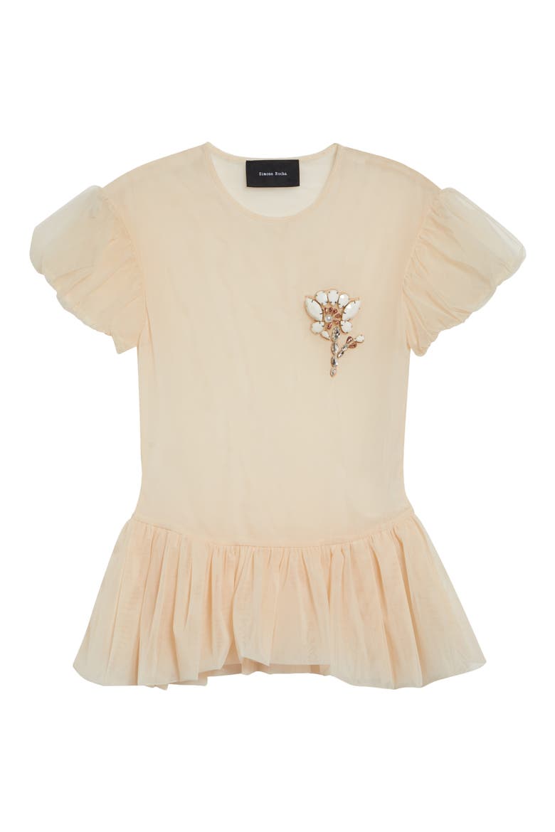 Floral Embellished Sheer Tulle Peplum Top, Alternate, color, BEIGE/ OPAQUE MULTI